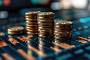 Stacks of coins sitting on a graph displaying market data photo