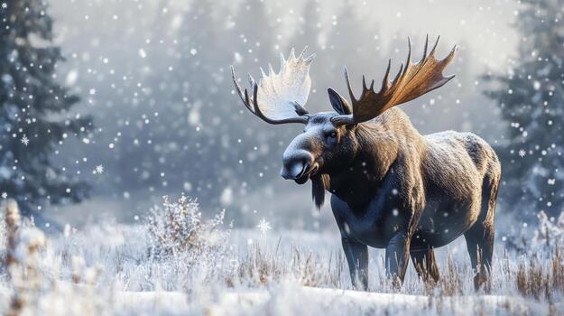 A Moose Standing in a Snowy Forest photo