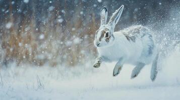 A White Rabbit Leaping Through Snowfall photo