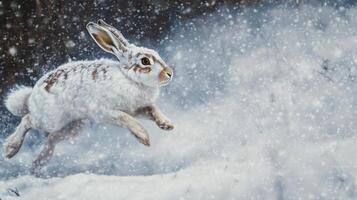 White Rabbit Leaping Through Snowfall in Winter Forest photo