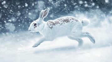 A White Rabbit Leaping Through Snow Flurries photo