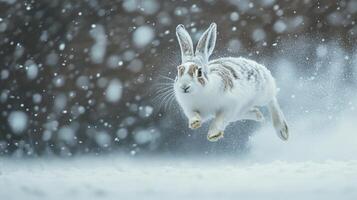 White Hare Leaping Through Falling Snow photo