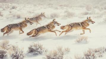 A Pack of Coyotes Running Through Snow-Covered Landscape photo