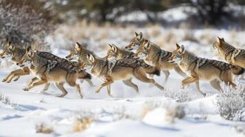 A Pack of Coyotes Running Through a Snowy Landscape photo