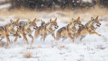 A Pack of Coyotes Running Through Snow photo