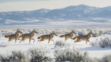 A Pack of Coyotes Running Through a Snowy Landscape photo