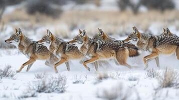 Pack of Coyotes Running Through Snowy Landscape photo