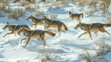 Pack of Coyotes Running in Winter Snow photo