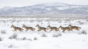 Six Coyotes Running in a Snowy Field photo