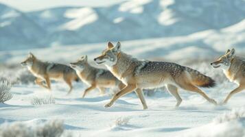 Coyotes Running Through Snowy Mountain Landscape photo