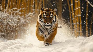 A Tiger Running Through Snow Covered Bamboo Forest photo