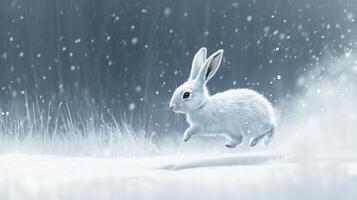 White Rabbit Leaping Through Snow-Covered Landscape photo