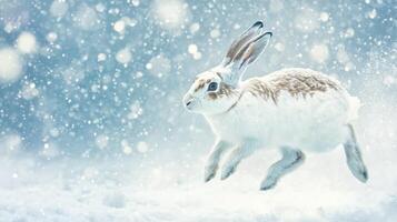 White Rabbit Leaping Through Falling Snow photo