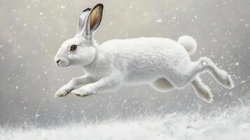 White Rabbit Leaping Through Snowy Landscape photo