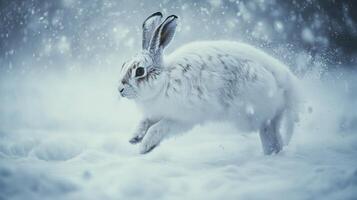 A White Rabbit Leaps Through a Snowstorm photo