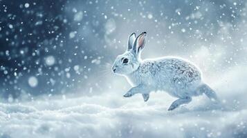 White Rabbit Leaping Through Snowy Winter Landscape photo