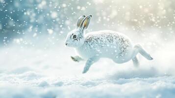 White Rabbit Leaping Through Winter Snow photo