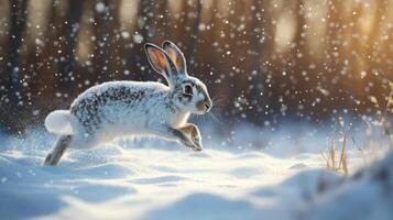 White-tailed jackrabbit leaping through snow-covered field photo