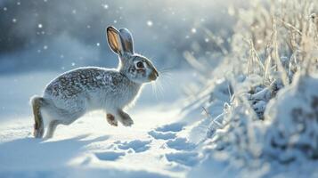 White-tailed Jackrabbit Hopping Through Snowy Field photo
