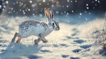 White-tailed jackrabbit running through snowy field photo