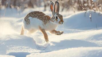 White-Tailed Jackrabbit Running Through Snowdrifts photo