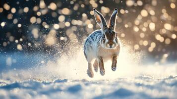 A White-Tailed Hare Runs Through Sparkling Snow in a Sunny Winter Landscape photo
