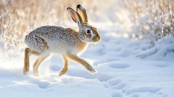European Hare Running through Snow-Covered Field photo