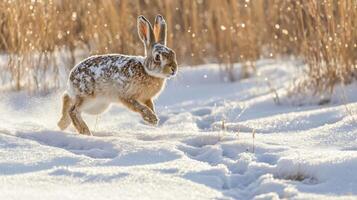 A Brown Hare Leaps Through Wintery Grassland photo