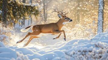 White-tailed Deer Buck Leaping Through a Snowy Forest photo