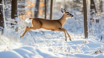 A White-Tailed Deer Leaping Through a Snowy Forest photo
