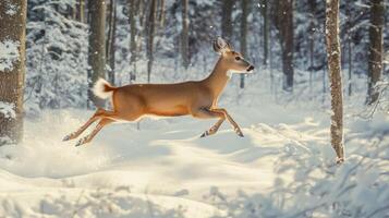 A White-Tailed Deer Leaping Through a Snowy Forest photo