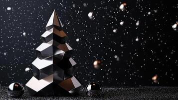 Geometric Black Christmas Tree with Ornaments and Falling Snow photo