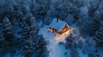 Illuminated Cabin Nestled in a Snowy Forest photo