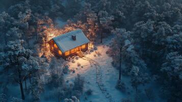 Illuminated Log Cabin in a Snowy Forest at Night photo