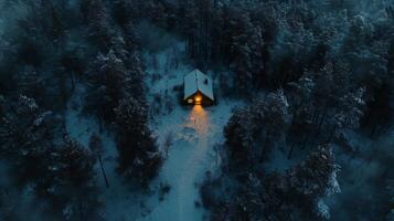 Aerial View of a Cabin with a Light on in a Snowy Forest photo