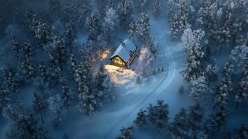 Illuminated Cabin in a Snowy Forest at Night photo