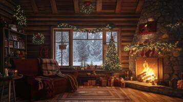 Cozy Cabin Interior Decorated for Christmas with a Fireplace and a Snowy View photo