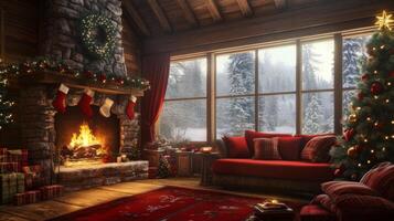 Cozy Christmas Cabin Interior with Fireplace, Decor, and Snowy View photo