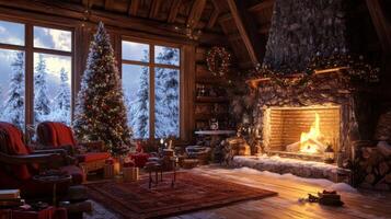 Cozy Cabin Interior with Christmas Tree, Fireplace, and Snowy View photo