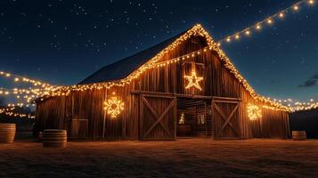 A Rustic Barn Adorned with Christmas Lights Under a Starry Night photo