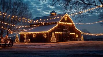 A Rustic Barn Adorned with Christmas Lights and Snow photo