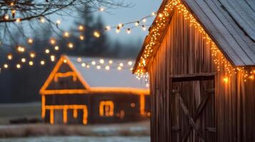 A Rustic Wooden Cabin Adorned with Twinkling Christmas Lights photo