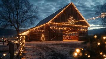A Rustic Barn Adorned with Christmas Lights on a Snowy Night photo