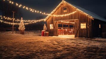 A Rustic Wooden Barn Decorated With Christmas Lights At Night photo