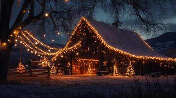 A Festive Barn Adorned with Twinkling Lights on a Snowy Night photo