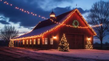 A Red Barn Decorated with Christmas Lights and Wreaths photo