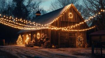 A Rustic Wooden Barn Decorated with Christmas Lights and Wreaths photo