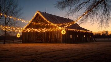 A rustic barn adorned with Christmas lights at twilight. photo