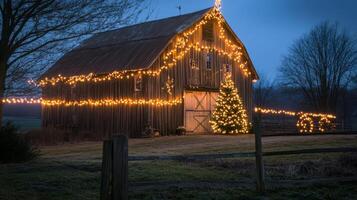 A Christmas Tree and Lights Decorate a Rustic Barn at Dusk photo