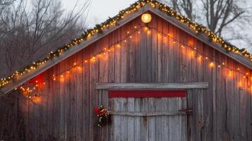 A Rustic Wooden Shed Decorated With Christmas Lights And Greenery photo